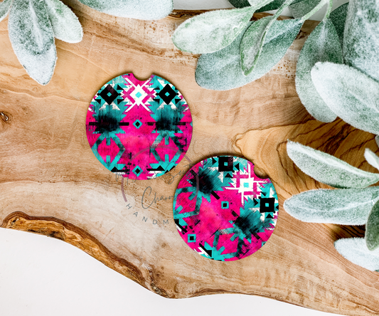 Pink & Teal Aztec Car Coasters